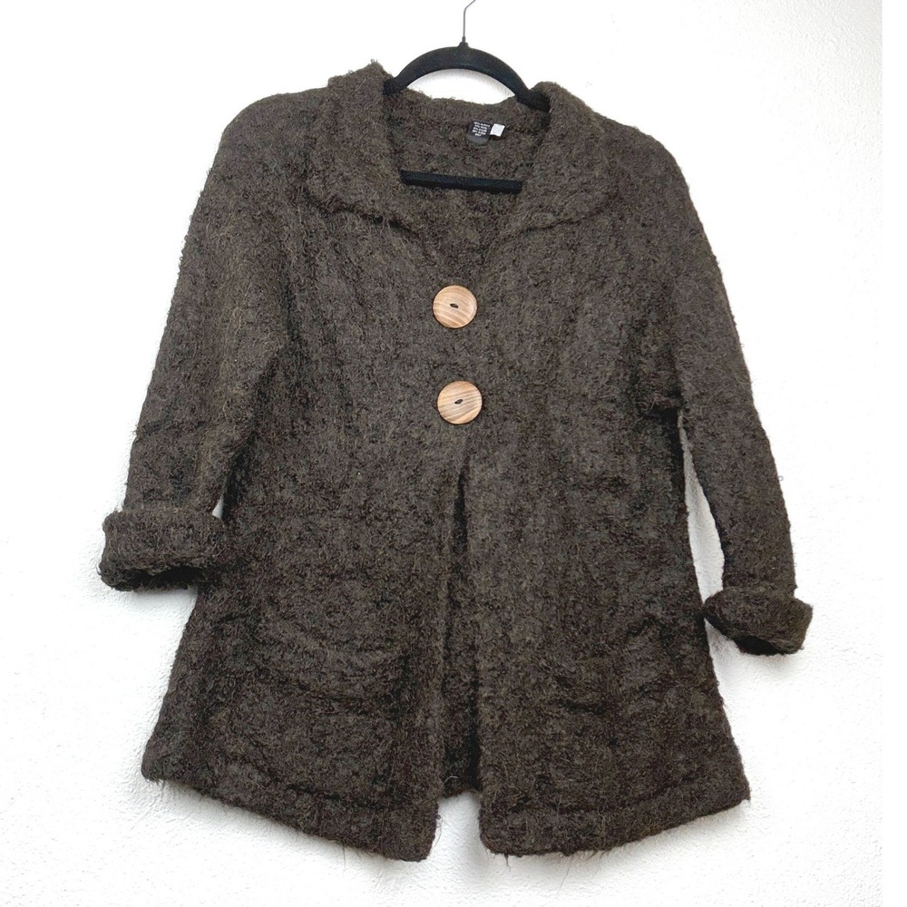 Tabask Brown 100% Alpaca Wool Boucle Cardigan - M - Handmade Wood Button